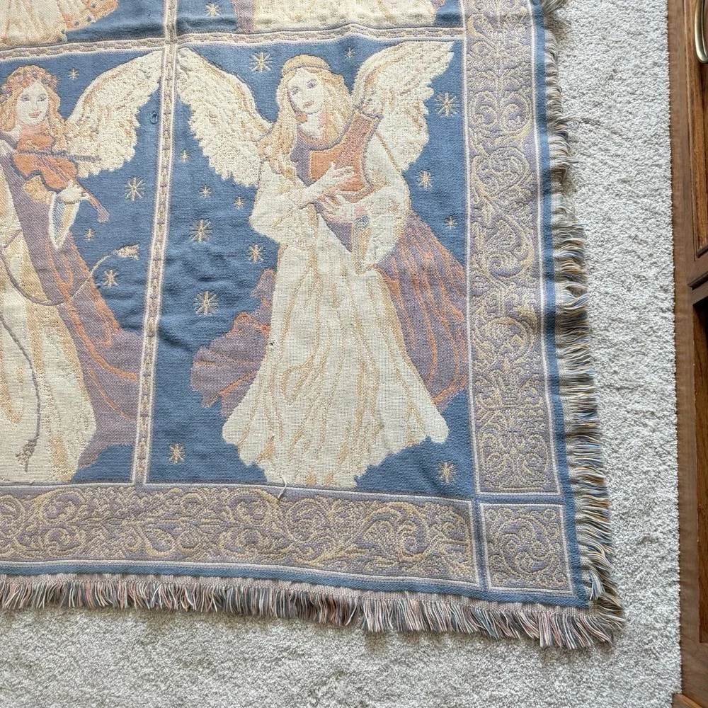 VTG Goodwin Weavers Angels Holiday Cotton Tapestry Throw Blanket Made In USA